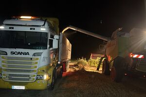 Mähdrescher befüllt LKW